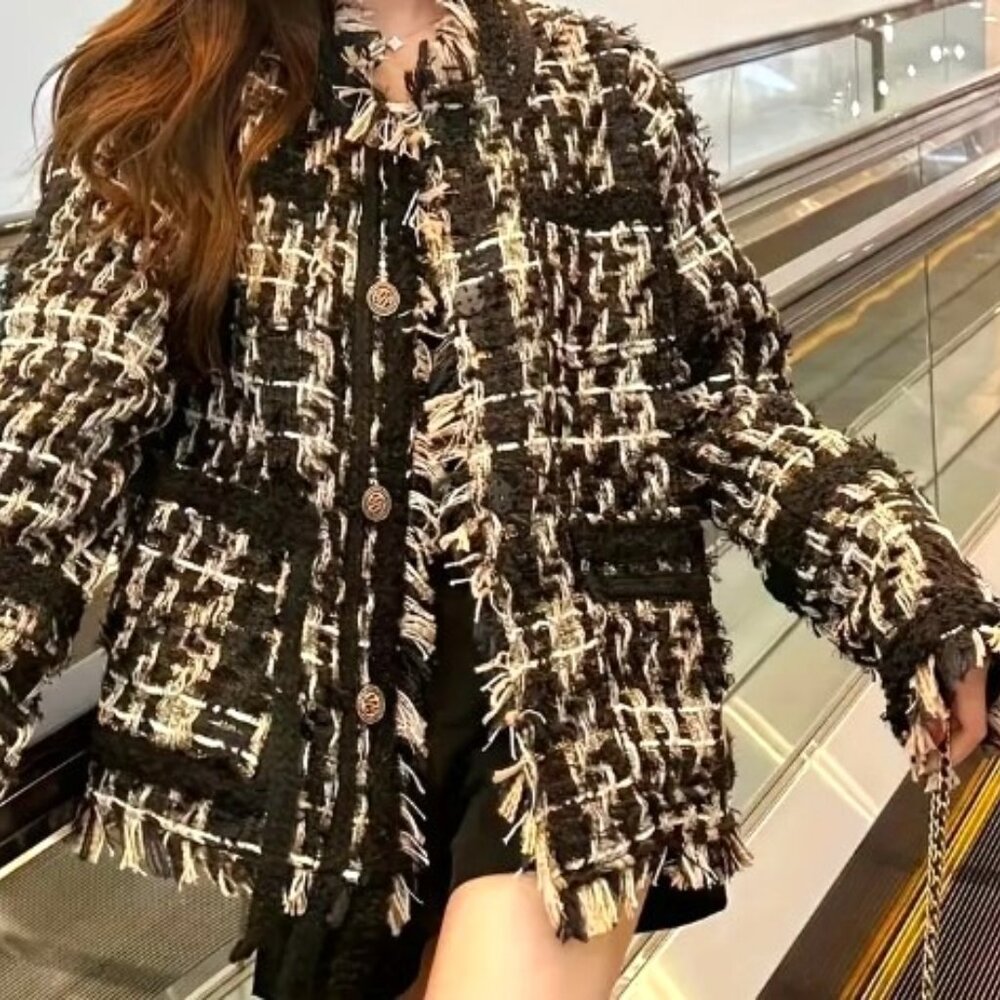 Stylish Tweed Long Sleeve Blazer Jacket - Black/Gold - Asia XL